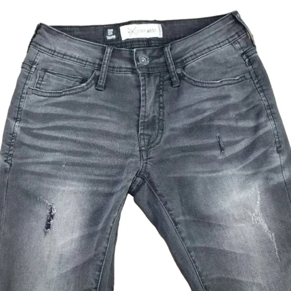 Departwest Trouper Black Fade Destructed Taper Stretch Jeans, Size 26/29